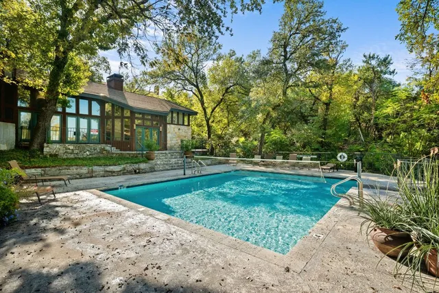 a view of a yard with plants and trees