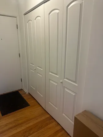 a view of a closet area with hardwood floor
