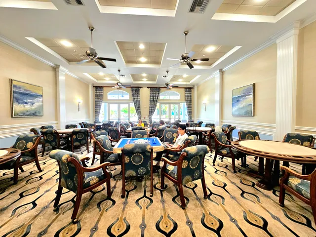 a large room with lots of wooden furniture