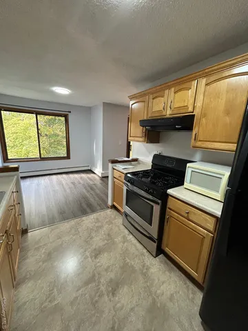 a kitchen with a stove a sink and a microwave