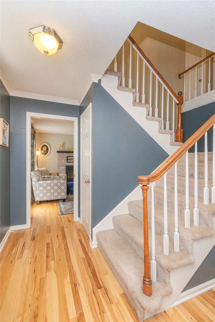 203 Oak Hollow Pendleton, SC 29670 - Photo 3 of 50 A graceful staircase with carpeted treads and wooden handrails leads to upper levels, complementing the natural hardwood flooring in the entrance.