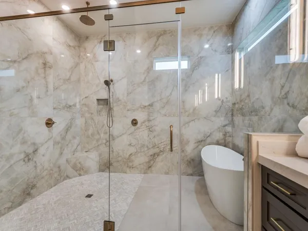 a bathroom with a shower and a toilet