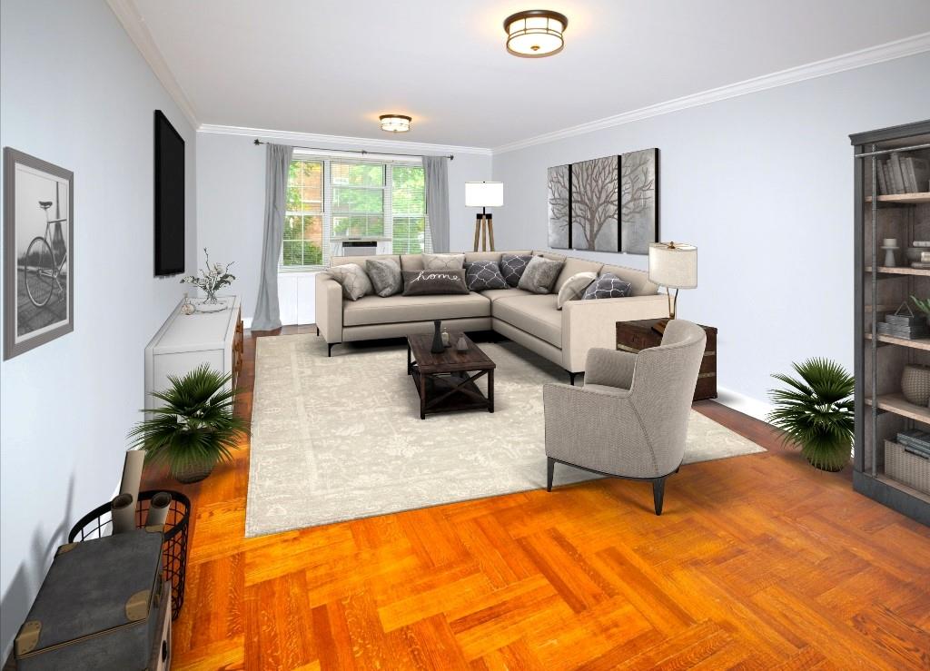 Large living room with parquet floors. photo visually staged