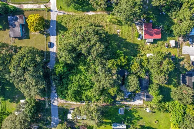 an aerial view of residential houses with outdoor space and trees