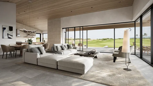 a living room with furniture and large windows