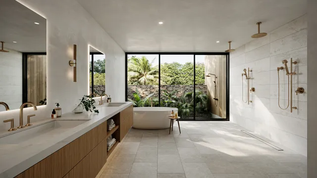 a bathroom with a double vanity sink toilet and shower