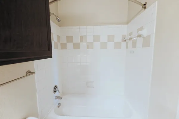 a bathroom with bathtub and shower