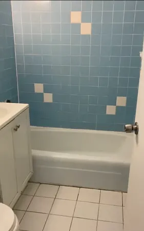 a bathroom with a bathtub and a toilet