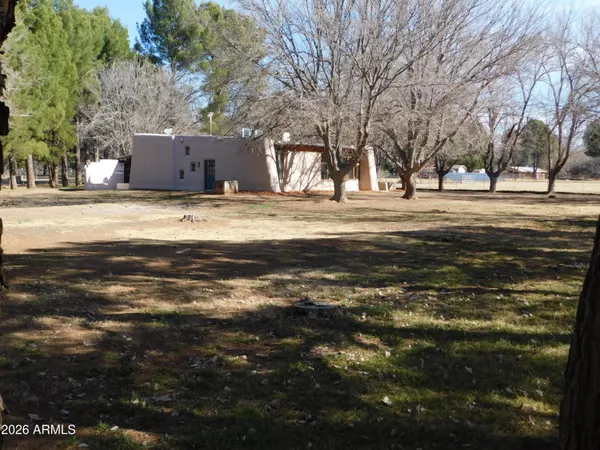 a view of a yard with large trees