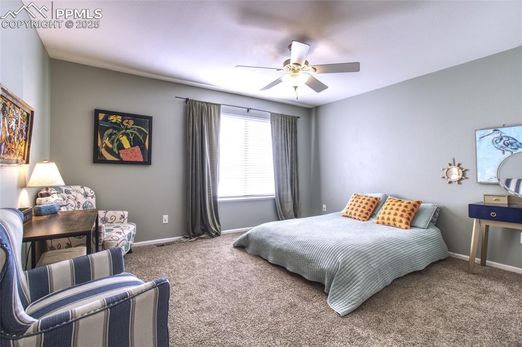 7215 Canal Point Colorado Springs, CO 80922 - Photo 13 of 24 a bedroom with a bed and a chandelier
