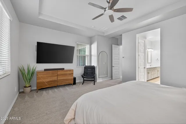 a bedroom with a bed a flat screen tv and a couch