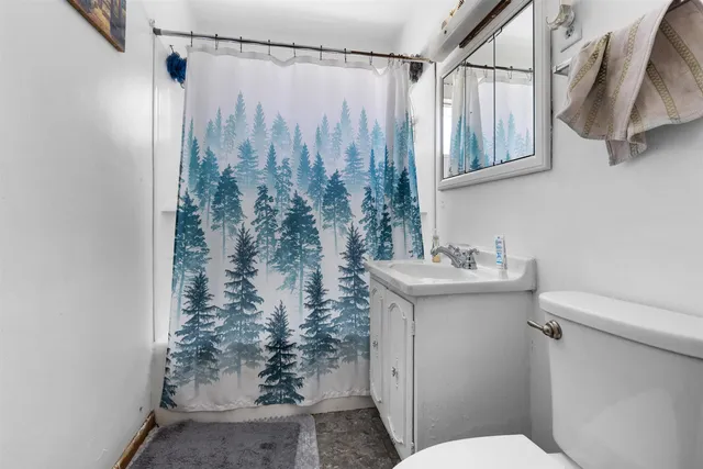 a bathroom with a sink a toilet and shower curtain