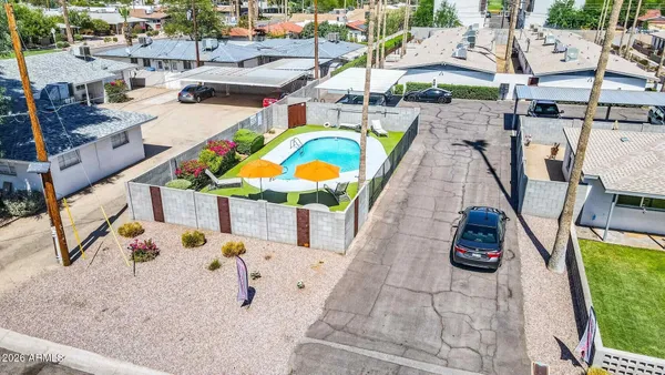 an aerial view of a swimming pool