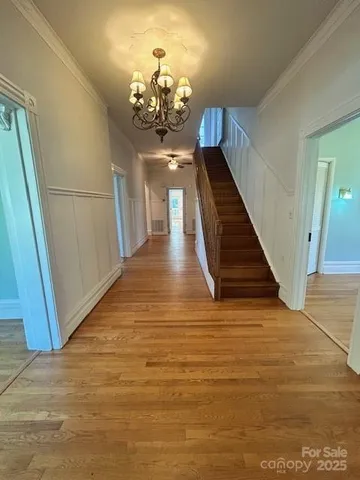 a view of a chandelier in a room