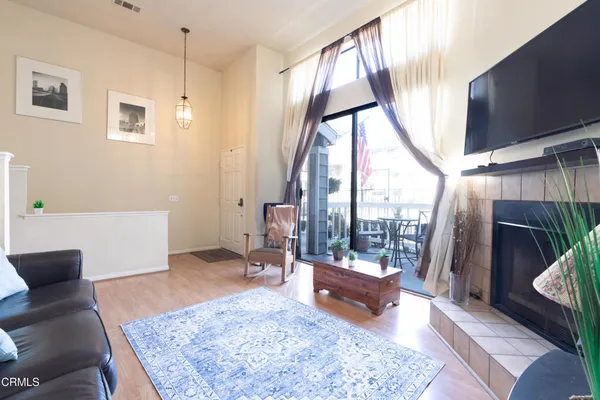 a living room with a large window