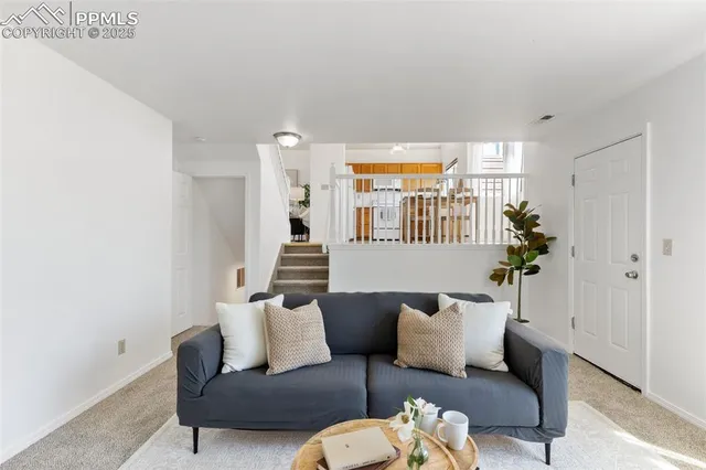 a living room with furniture and a potted plant