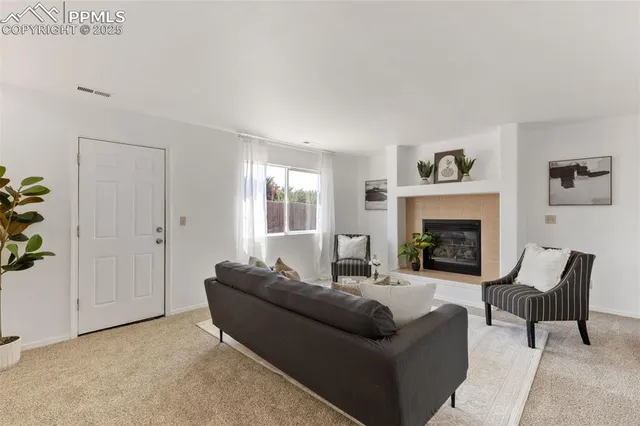 a living room with furniture and a fireplace