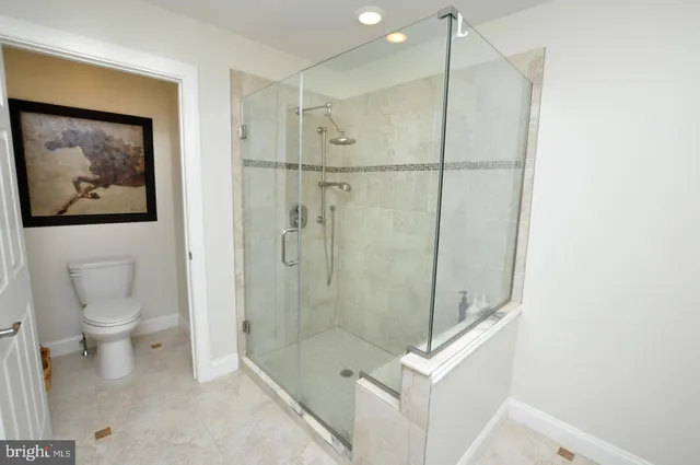 a bathroom with a shower a toilet and a shower