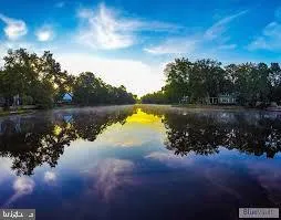 a view of a lake in between two of trees