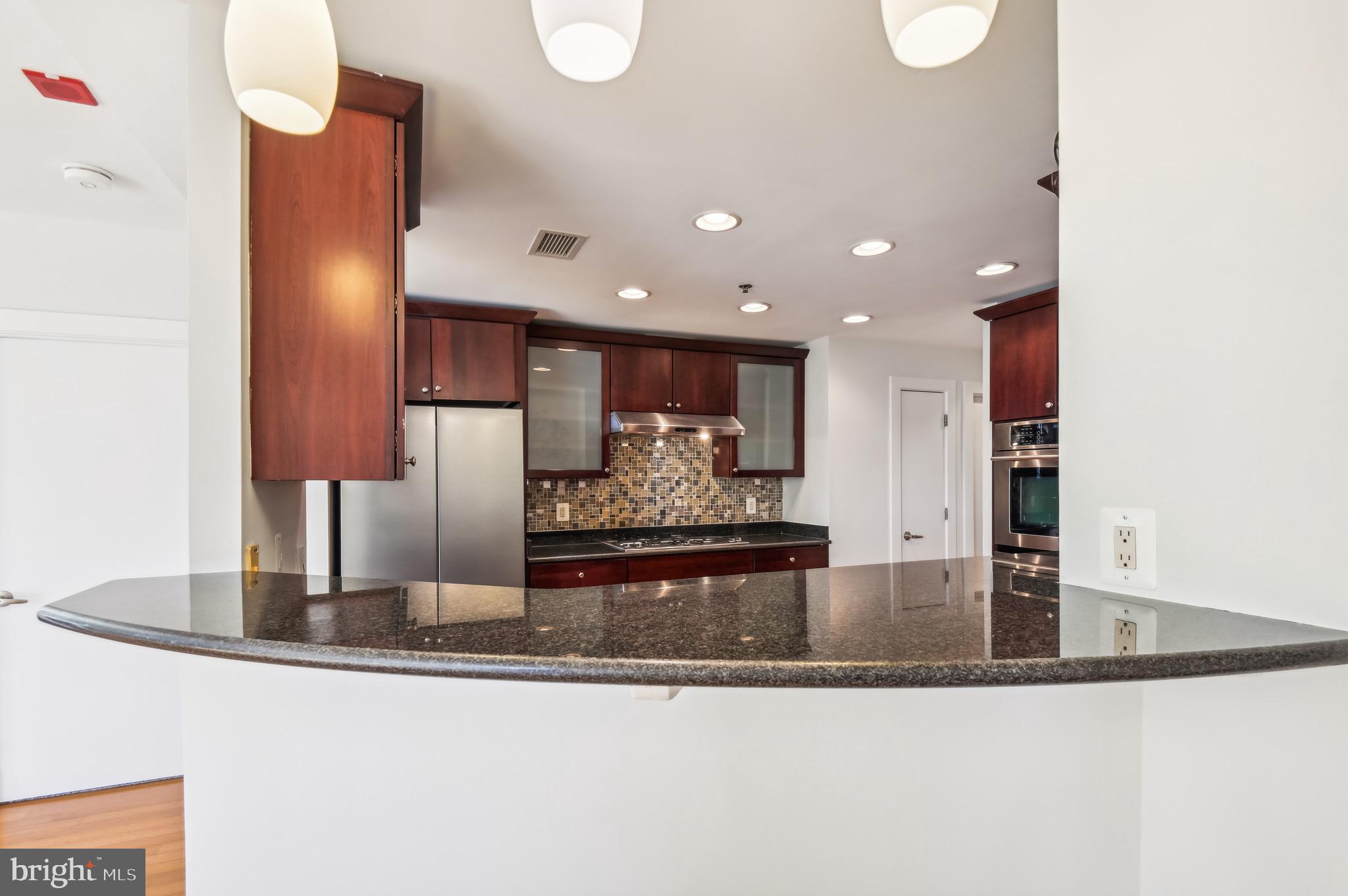 1400 Lancaster Street, Unit 502 Baltimore, MD 21231 - Photo 11 of 48 a kitchen with kitchen island granite countertop a refrigerator and a sink