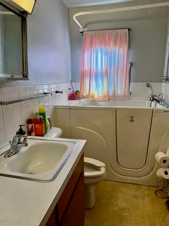 a bathroom with a sink a toilet and a mirror