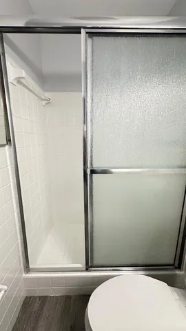 a bathroom with a shower and a toilet