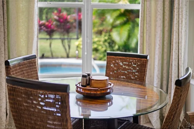 a view of a dining room with furniture one side kitchen view