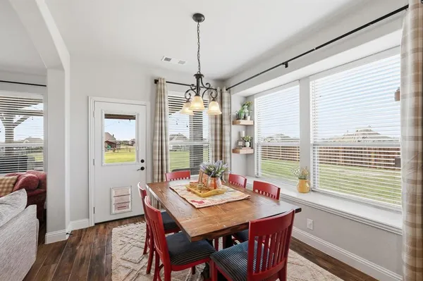 a view of a dining room with furniture window and outside view