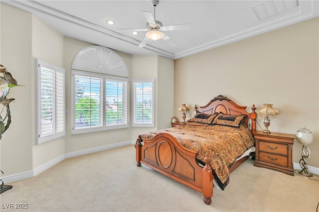 23 Cascade Creek Lane Las Vegas, NV 89113 - Photo 64 of 89 Bedroom featuring carpet flooring, a ceiling fan, and recessed lighting