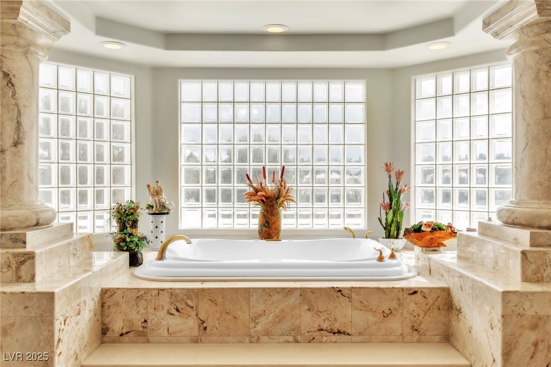 23 Cascade Creek Lane Las Vegas, NV 89113 - Photo 71 of 89 Full bathroom with ornate columns, a bath, and recessed lighting