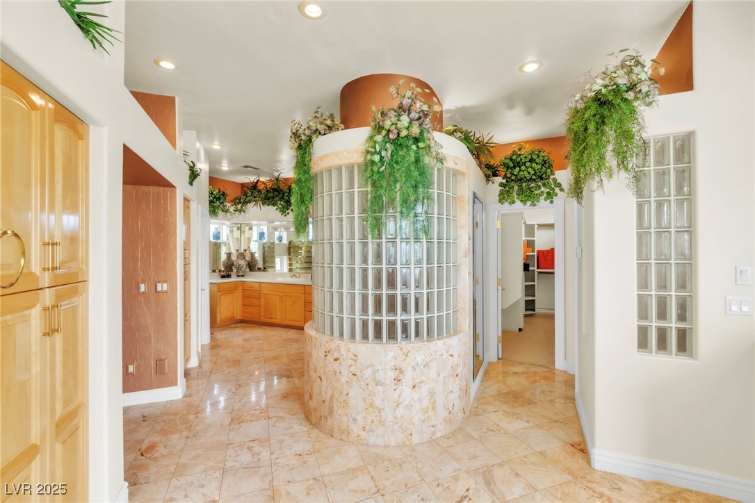 23 Cascade Creek Lane Las Vegas, NV 89113 - Photo 72 of 89 Bathroom featuring a spacious closet, vanity, recessed lighting, and a walk in shower