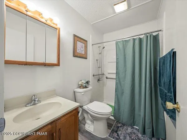 a bathroom with a sink toilet and shower