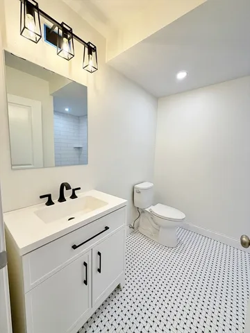 a bathroom with a sink a toilet and a mirror