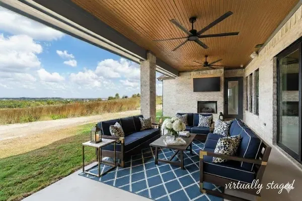 a building outdoor space with patio furniture
