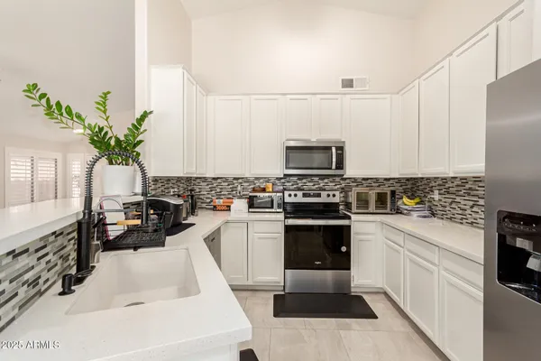a kitchen with stainless steel appliances white cabinets and a potted plant