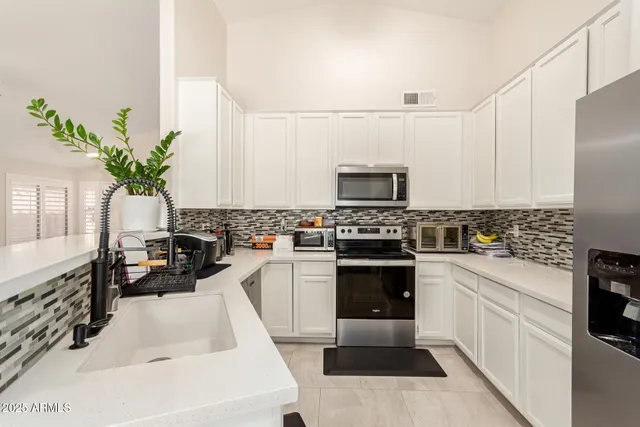 a kitchen with stainless steel appliances white cabinets and a potted plant