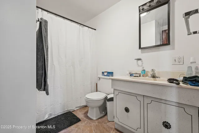 a bathroom with a sink a toilet a mirror and shower curtain