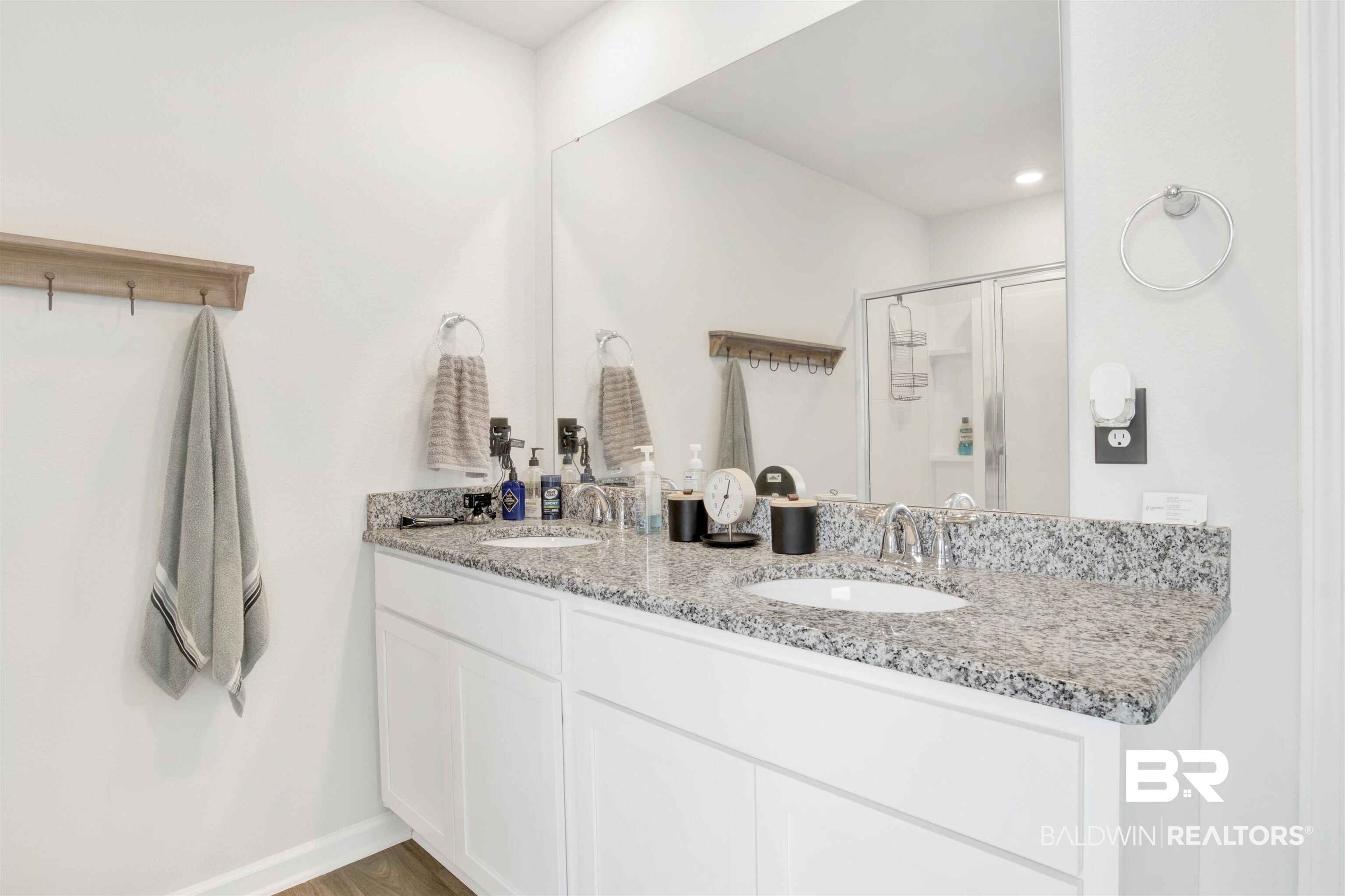 14731 Forsythia Loop Silverhill, AL 36576 - Photo 6 of 25 Bathroom with hardwood / wood-style floors, a shower with door, and dual bowl vanity