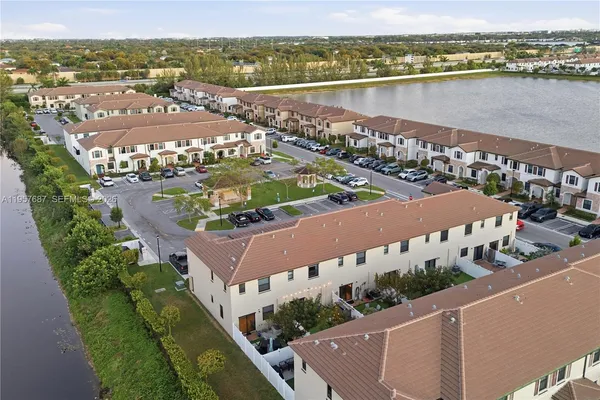 an aerial view of a city with lake view