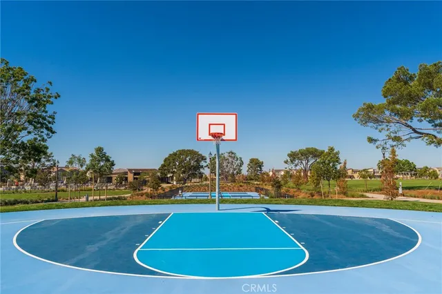 a view of outdoor space with signage and flags