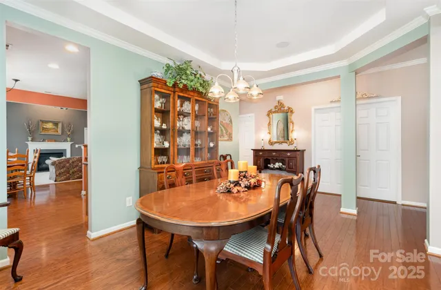 a dining room with furniture wooden floor a rug a potted plant and a chandelier