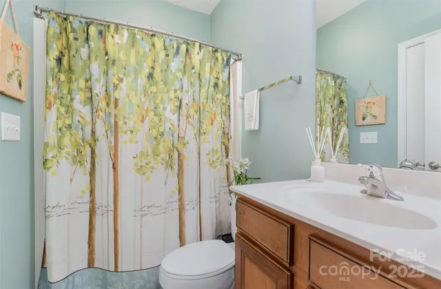 a bathroom with a sink a toilet and shower curtain