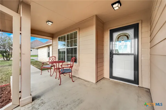 an outdoor view with patio