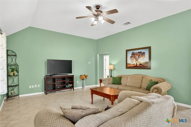 a living room with furniture a ceiling fan and a rug