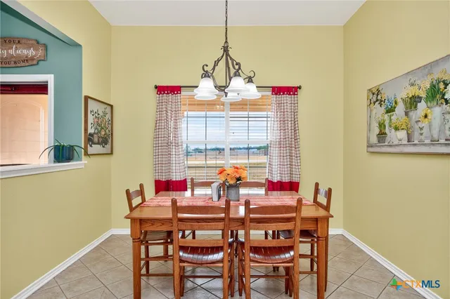 a view of a dining room with furniture window and outside view