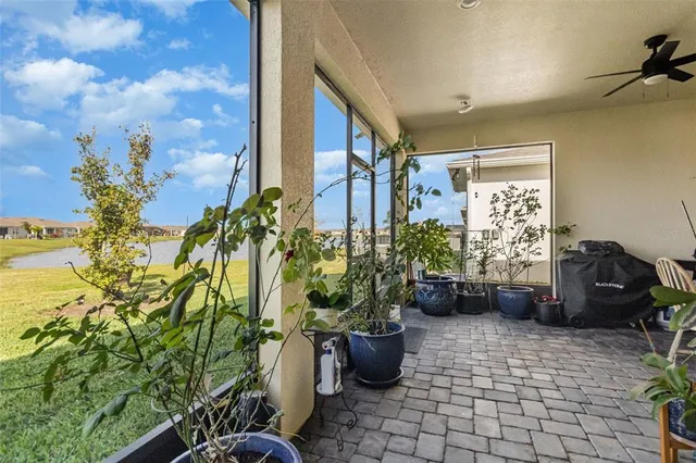 a view of a porch with potted plants