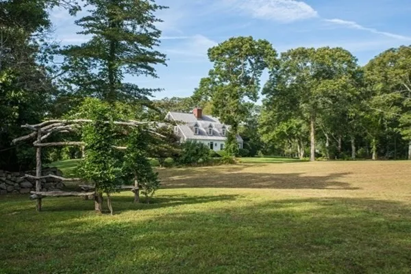 a garden with trees in the background