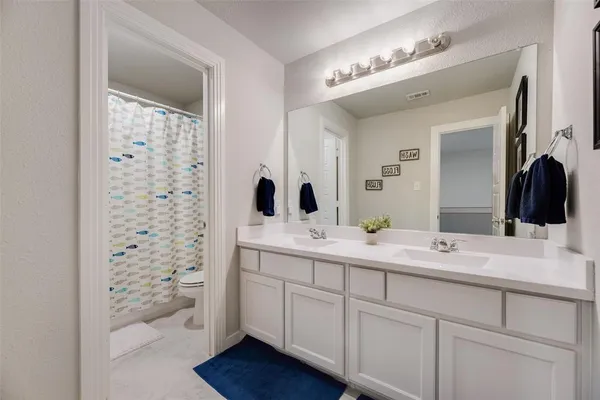 a bathroom with a double vanity sink a toilet a mirror and shower