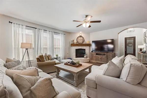 a living room with furniture fireplace and a flat screen tv