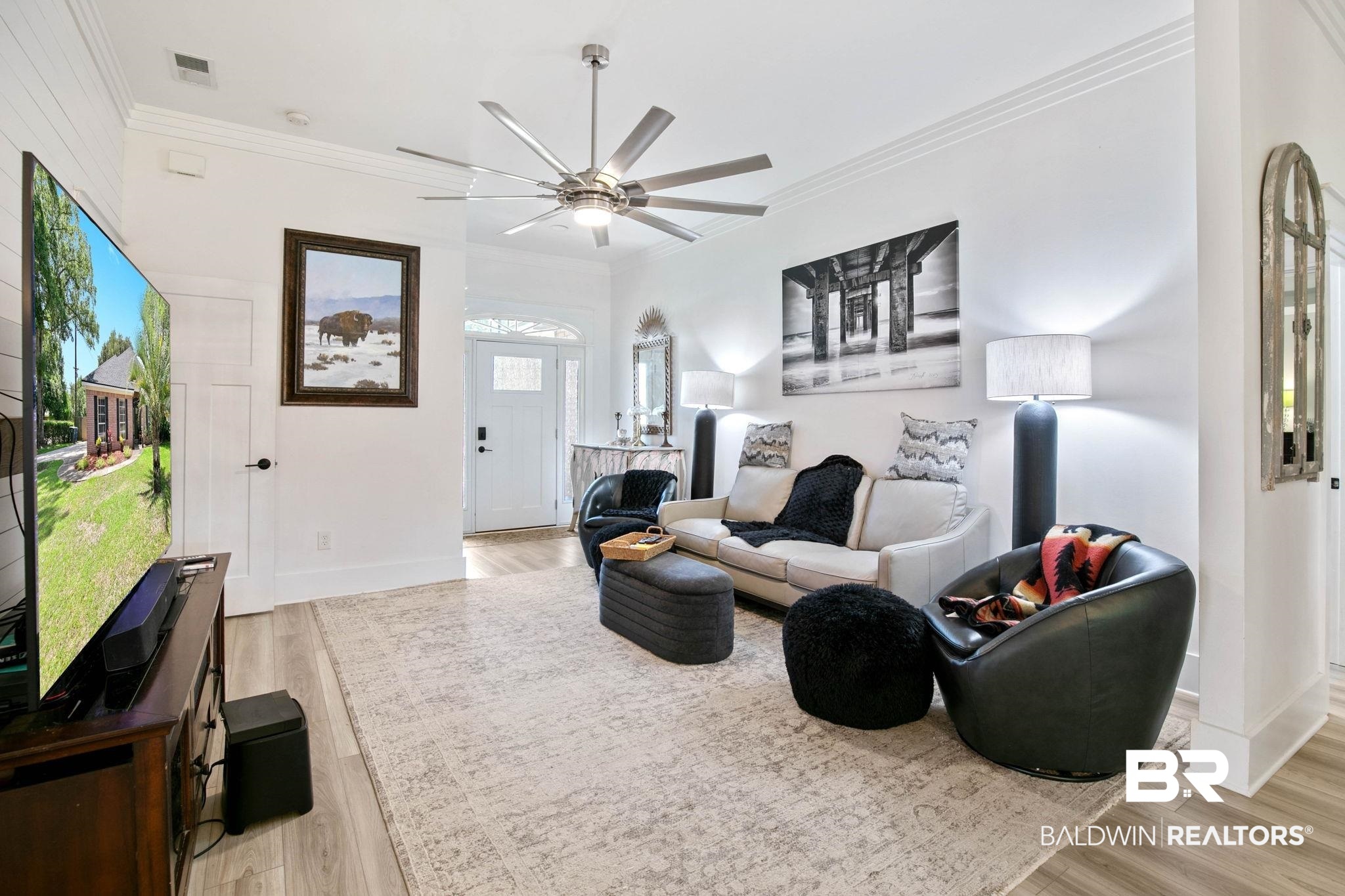520 Juniper Place Drive Foley, AL 36535 - Photo 7 of 35 Open concept living area with light wood-finish flooring, a contemporary ceiling fan, recessed lighting, and crown molding